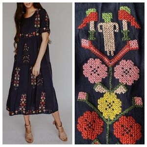 Tea n Rose floral cross-stitch embroidered midi Dress navy 47591